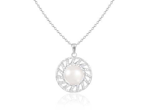 9-10mm Button White Cultured Freshwater Pearl and CZ Rhodium Over Sterling Silver Pendant