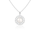 9-10mm Button White Cultured Freshwater Pearl and CZ Rhodium Over Sterling Silver Pendant