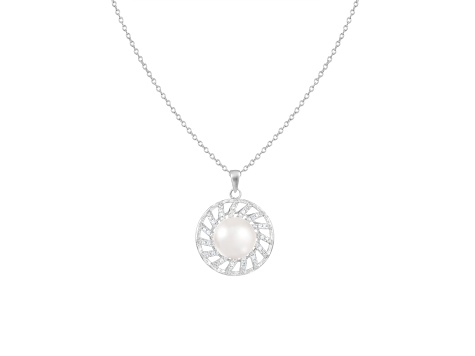 9-10mm Button White Cultured Freshwater Pearl and CZ Rhodium Over Sterling Silver Pendant