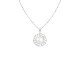 9-10mm Button White Cultured Freshwater Pearl and CZ Rhodium Over Sterling Silver Pendant