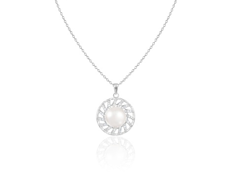 9-10mm Button White Cultured Freshwater Pearl and CZ Rhodium Over Sterling Silver Pendant