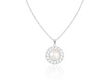 9-10mm Button White Cultured Freshwater Pearl and CZ Rhodium Over Sterling Silver Pendant