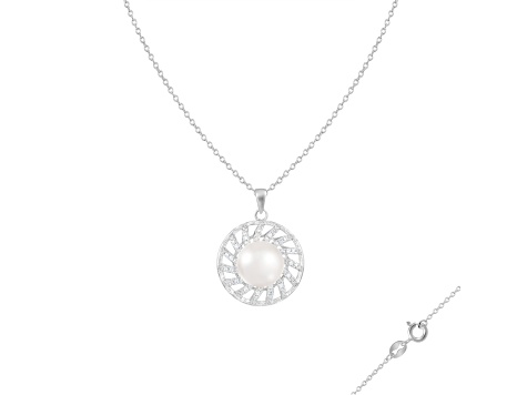 9-10mm Button White Cultured Freshwater Pearl and CZ Rhodium Over Sterling Silver Pendant