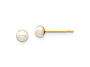 14K Yellow Gold 3-4mm White Button Freshwater Cultured Pearl Stud Post Earrings