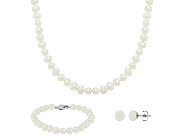 White Freshwater Pearl Necklace, Bracelet with Round Stud