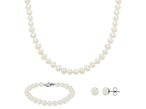 White Freshwater Pearl Necklace, Bracelet with Round Stud Earrings Sterling Silver Jewelry Set