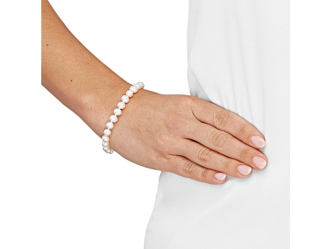 White Freshwater Pearl Necklace, Bracelet with Round Stud Earrings Sterling Silver Jewelry Set