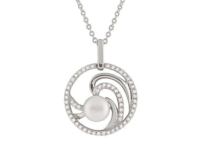 6.5-7mm Button White Cultured Freshwater Pearl and CZ Rhodium Over Sterling Silver Pendant