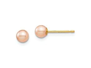 14K Yellow Gold 3-4mm Pink Round Freshwater Cultured Pearl Stud Earrings