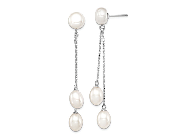 Rhodium Over Sterling Silver 6-9mm White Freshwater Cultured 3-Pearl Post Dangle Earrings