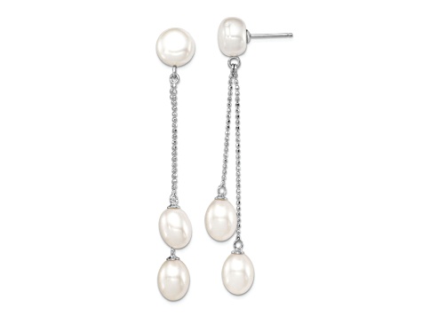 Rhodium Over Sterling Silver 6-9mm White Freshwater Cultured 3-Pearl Post Dangle Earrings