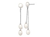 Rhodium Over Sterling Silver 6-9mm White Freshwater Cultured 3-Pearl Post Dangle Earrings