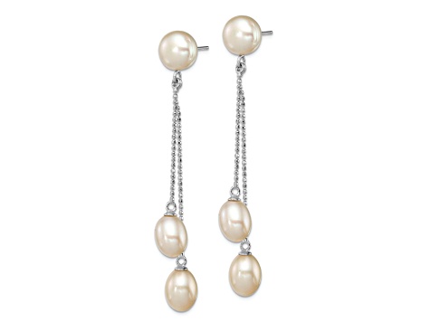 Rhodium Over Sterling Silver 6-9mm White Freshwater Cultured 3-Pearl Post Dangle Earrings