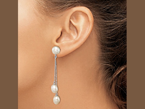 Rhodium Over Sterling Silver 6-9mm White Freshwater Cultured 3-Pearl Post Dangle Earrings