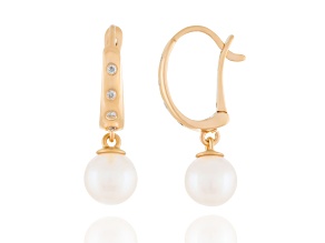 White Cultured Akoya Pearl 14k Yellow Gold Earrings 7-7.5mm