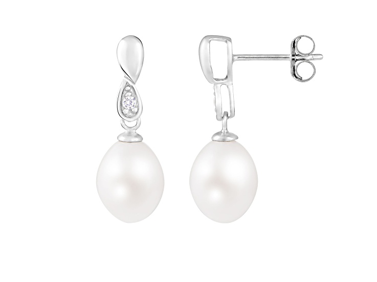 7.5-8mm White Cultured Freshwater Pearl and Cubic Zirconia Rhodium Over Sterling Silver Earrings