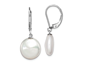 Rhodium Over Sterling Silver 12-13mm Freshwater Cultured Coin Pearl Leverback Earrings