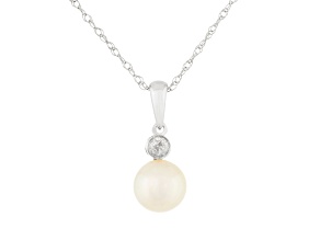 White Cultured Akoya Pearl and Diamond 14K White Gold Pendant 6-6.5mm