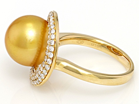 Golden Cultured South Sea Pearl With White Diamond 18k Yellow Gold Ring