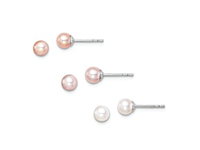 Rhodium Over Sterling Silver 4-5mm White/Pink/Purple FWC Pearl Stud Earrings Set