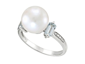 10-10.5mm Round White Freshwater Pearl, Aquamarine with Diamond Accents 14K White Gold Ring