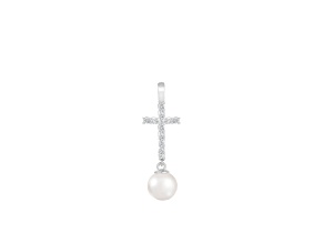 White Cultured Freshwater Pearl and Diamond 14K White Gold Pendant 7-7.5mm
