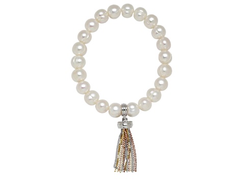 8-9mm Round White Freshwater Pearl Stretch Bracelet with Tri-color Bronze Tassel Accents