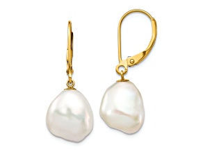 10k Yellow Gold 10x12mm White Keshi Freshwater Cultured Pearl Dangle Earrings