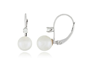 14k White Gold Leverback Earring with 6mm Akoya Pearl and .06CT DTW