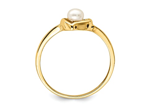 14K Yellow Gold 3-4mm White Button Freshwater Cultured Pearl Heart Ring