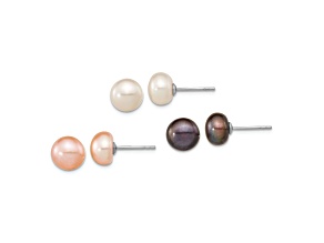 Rhodium Over Sterling Silver  8-9mm Set of 3 White/Black/Pink Button FWC Pearl Earrings