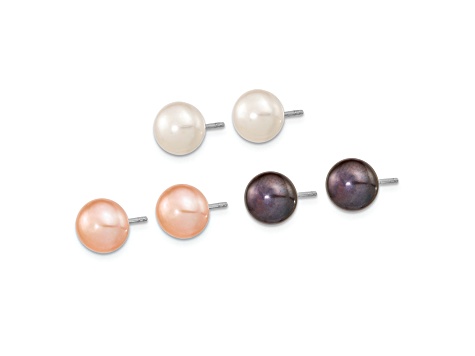 Rhodium Over Sterling Silver  8-9mm Set of 3 White/Black/Pink Button FWC Pearl Earrings