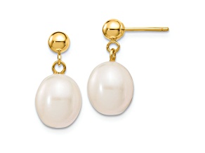 10k Yellow Gold 8-9mm White Rice Freshwater Cultured Pearl Dangle Earrings