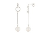 White Cultured Freshwater Pearl Rhodium Over Sterling Silver 7-8mm Drop Earrings