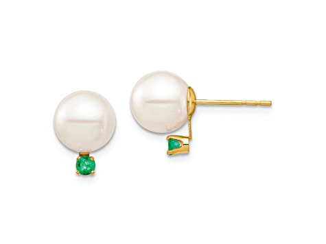 14K Yellow Gold 8-8.5mm White Round Freshwater Cultured Pearl Emerald Post Earrings