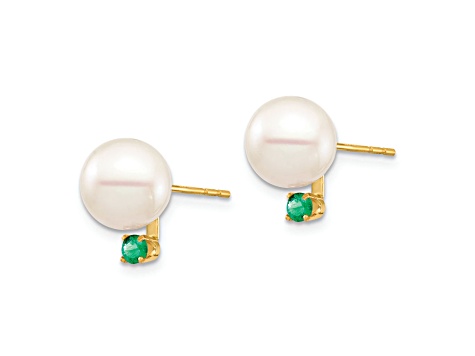 14K Yellow Gold 8-8.5mm White Round Freshwater Cultured Pearl Emerald Post Earrings