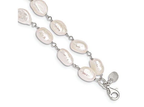 Sterling Silver 2-Strand White Baroque Freshwater Cultured Pearl 8.5in Bracelet