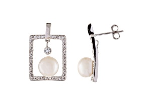 7-7.5mm White Cultured Freshwater Pearl and Cubic Zirconia Rhodium Over Sterling Silver Earrings