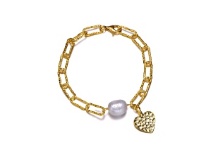 Genuine Freshwater Pearl, 14K Gold Plated over Sterling Silver Heart Charm Link Bracelet