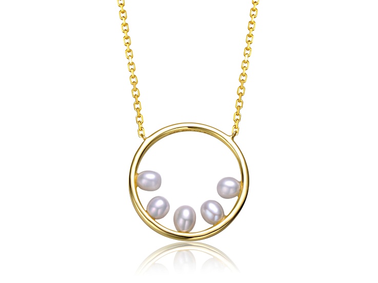 White Pearl, 14k Gold Plated over Sterling Silver Halo Eternity Circle Pendant Layering Necklace