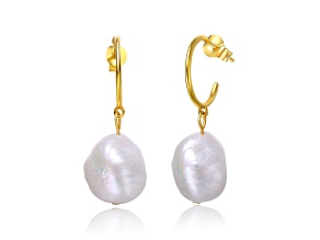Baroque Oval White Freshwater Pearl, 14K Gold Plated over Sterling Silver C-Hoop Dangle Earrings