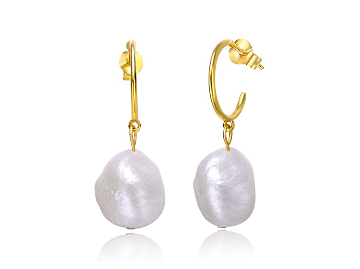Baroque Oval White Freshwater Pearl, 14K Gold Plated over Sterling Silver C-Hoop Dangle Earrings