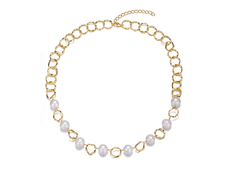Genuine Freshwater Pearl, 14K Gold Plated over Sterling Silver Link Oval Necklace