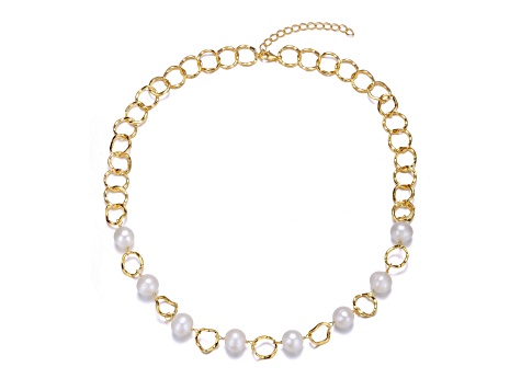 Genuine Freshwater Pearl, 14K Gold Plated over Sterling Silver Link Oval Necklace