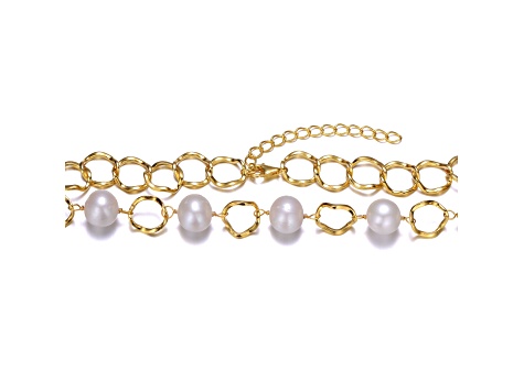 Genuine Freshwater Pearl, 14K Gold Plated over Sterling Silver Link Oval Necklace