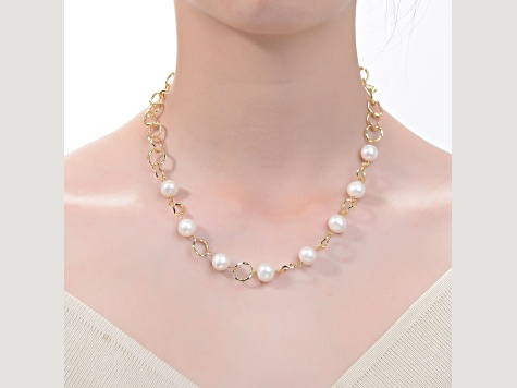 Genuine Freshwater Pearl, 14K Gold Plated over Sterling Silver Link Oval Necklace