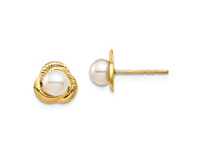14K Yellow Gold Children's 4-5mm White Button Freshwater Cultured Pearl Textured Stud Earrings