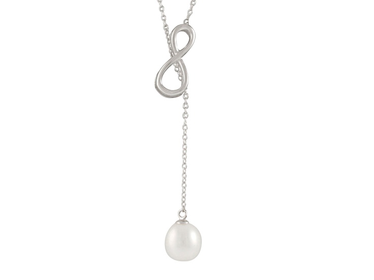 7.5-8mm Drop White Cultured Freshwater Pearl Rhodium Over Sterling Silver Strand Necklace