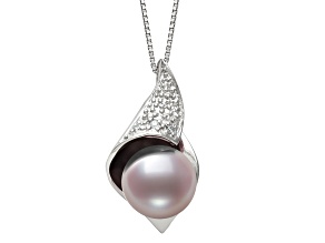 Pink Cultured Freshwater Pearl with Diamond Accent Rhodium Over Sterling Pendant With Chain