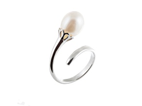 9-10mm White Drop Cultured Freshwater Pearl Rhodium Over Silver Ring